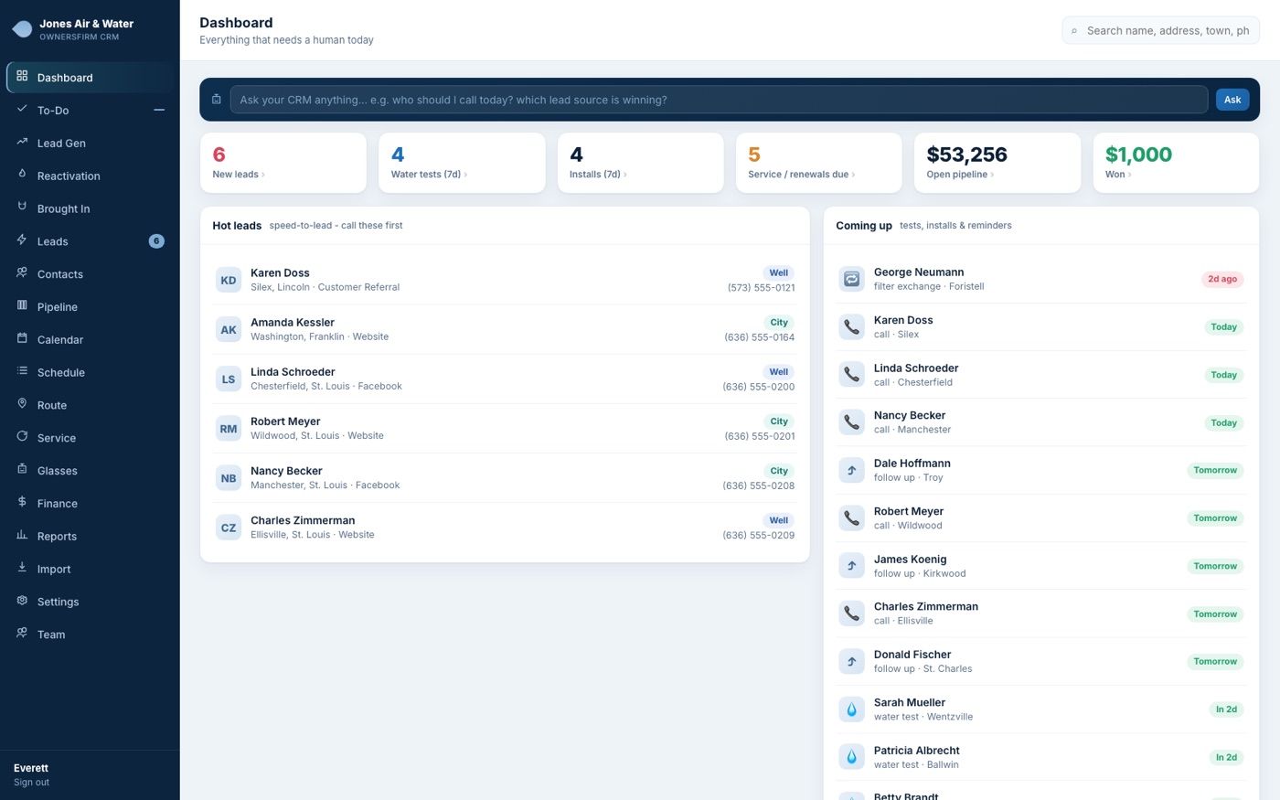 The Jones Air and Water CRM dashboard built by OwnersFirm