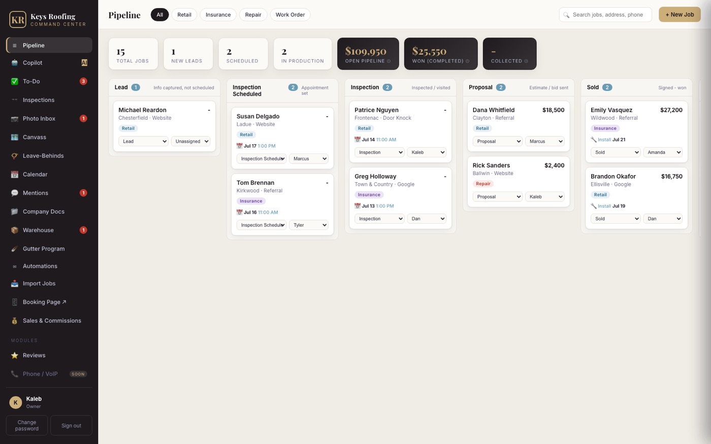 The Keys Roofing command center, an owned CRM built by OwnersFirm